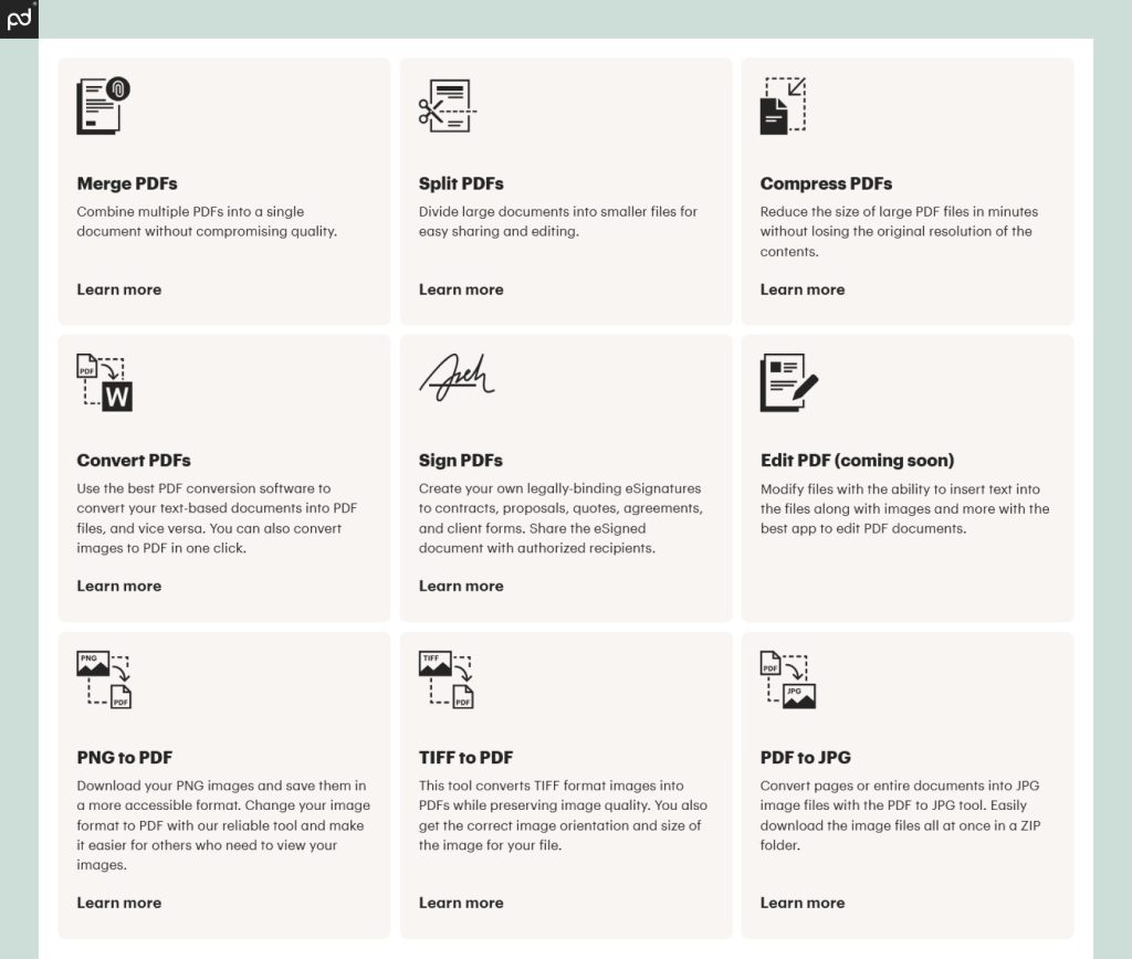 PandaDoc interface displaying a suite of PDF editing tools such as merge PDFs, split PDFs, compress PDFs, convert PDFs, sign PDFs, edit PDFs (coming soon), PNG to PDF, TIFF to PDF, and PDF to JPG.