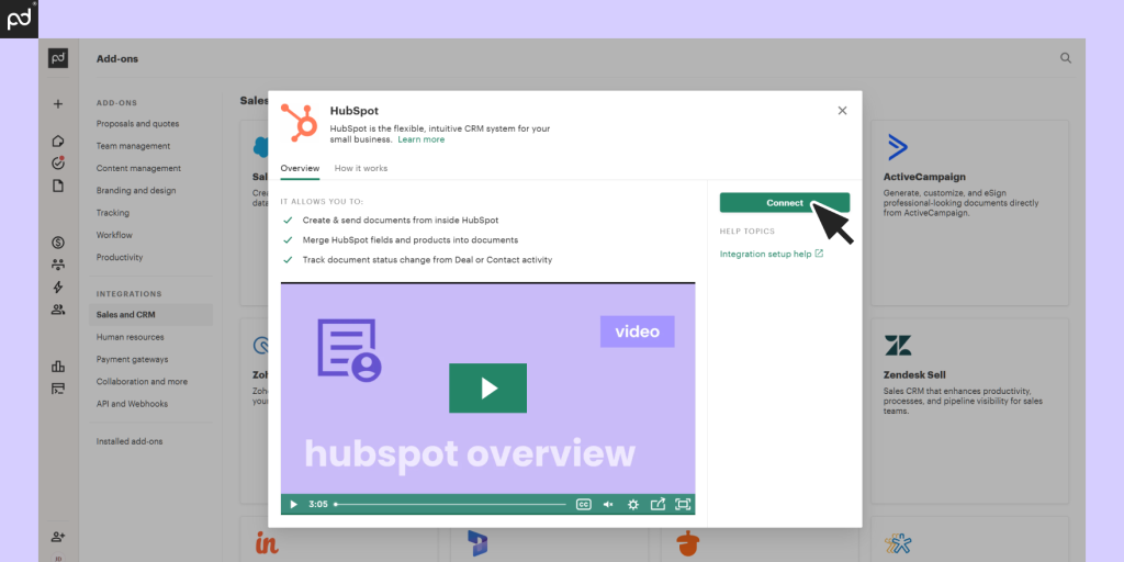 Screenshot of PandaDoc interface showing the option to connect with HubSpot CRM, highlighting features like creating and sending documents, merging HubSpot fields, and tracking document status.