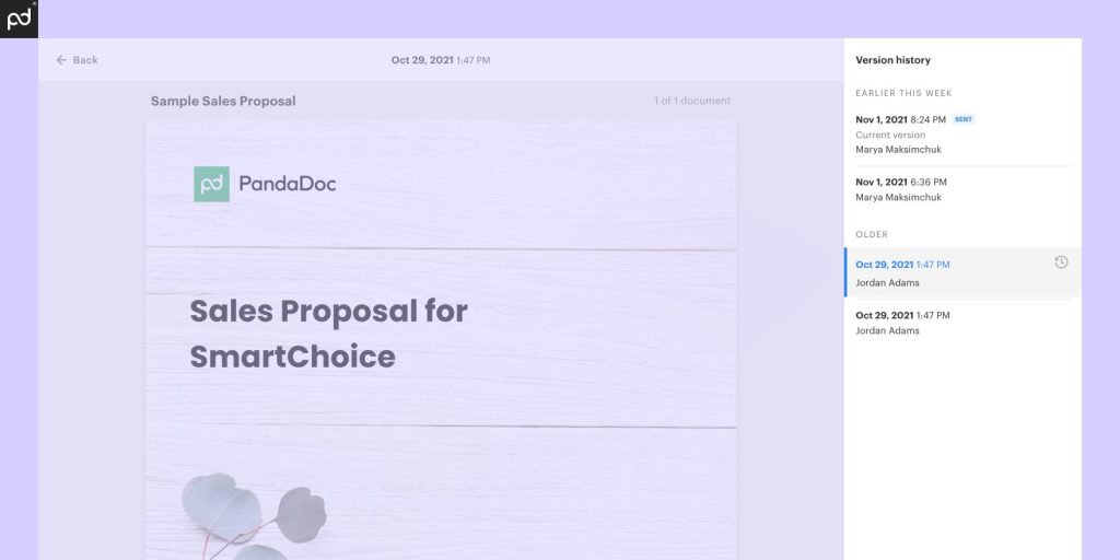 Screenshot of PandaDoc interface showing the version history feature for a sales proposal, highlighting different versions and timestamps of edits.
