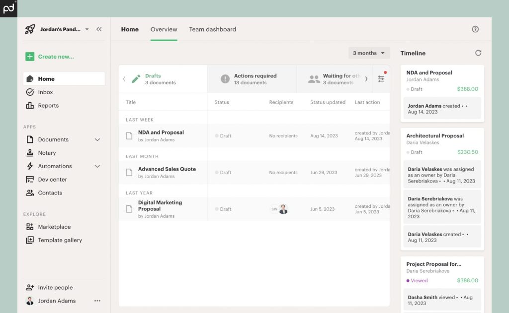 A screenshot of a PandaDoc dashboard where users manage and track sales documents and activities.