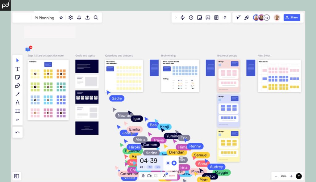 Miro’s so-called “advanced digital whiteboard,” showing how users can mind-map and visualize steps, goals, questions, ideas, and more via drag-and-drop tools.