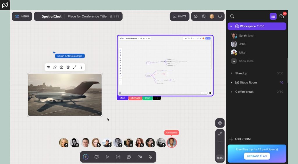 A screenshot of the SpatialChat Workplace Room where users can use multiple whiteboards, chat with colleagues in real time, and work together on a project.