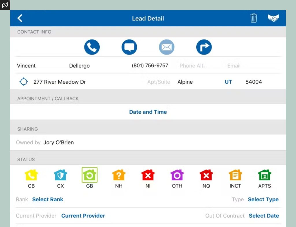 SalesRabbit screenshot of a Lead Detail file, which displays contact information, appointments, statuses, and more about a particular lead.