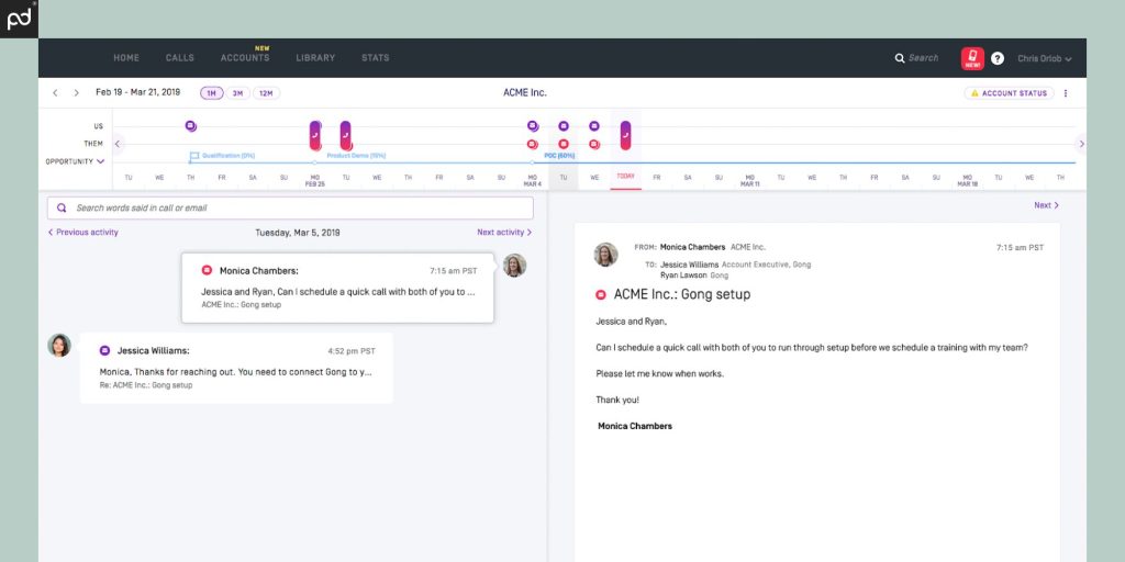 A Gong screenshot with a dashboard that provides insight into a conversation that took place over chat and an email.