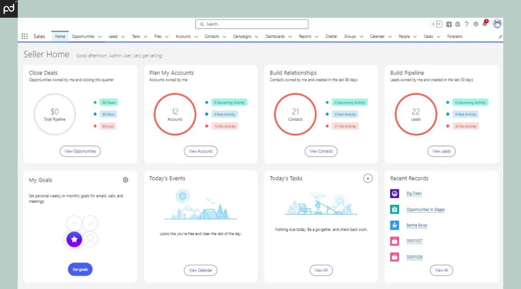 A screenshot of Salesforce’s Seller Home table where users can plan and monitor selling activities.
