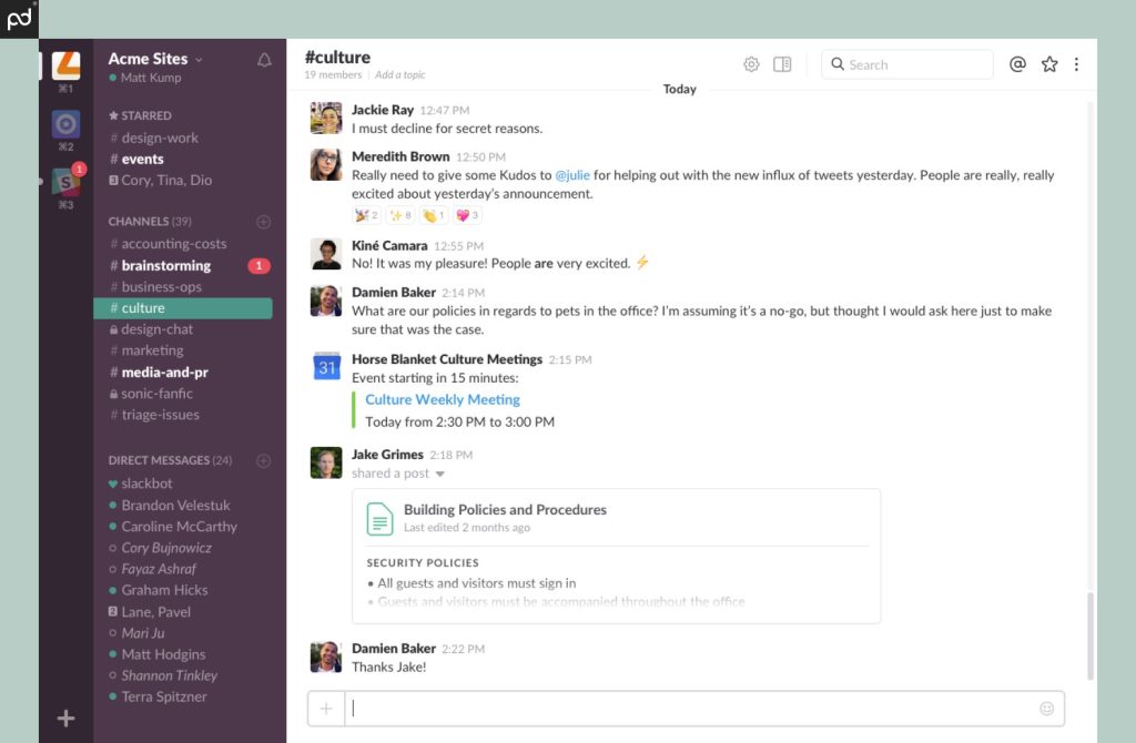 A screenshot of the Slack interface where users can send direct messages, create channels, plan video calls, and more. 
