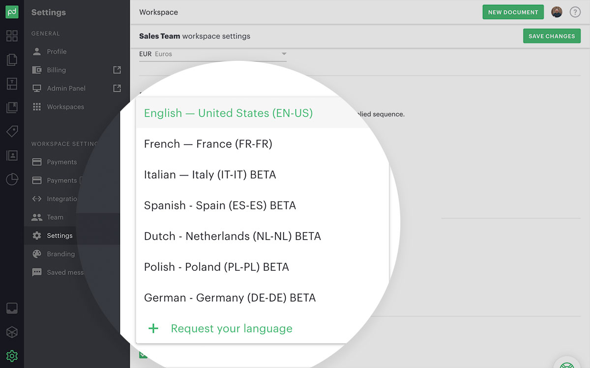 Change localization settings for workspace
