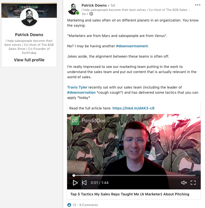 PandaDoc sales teammate shares marketing teams LinkedIn content 