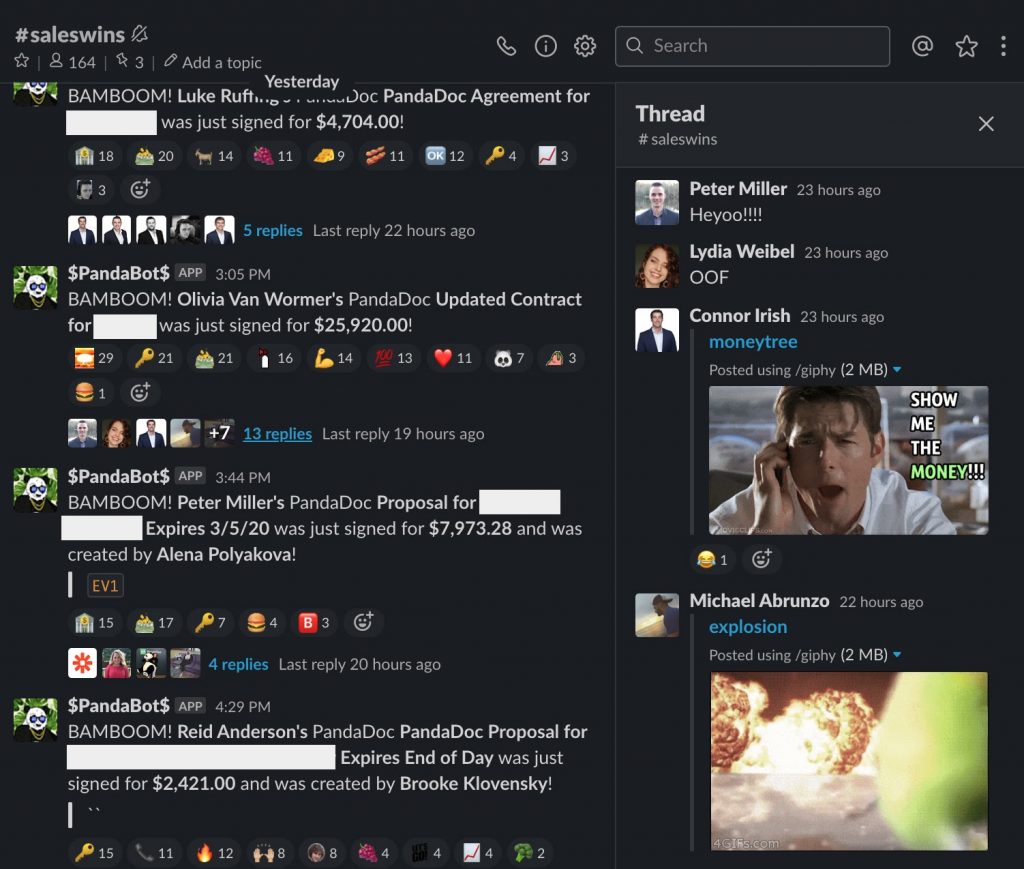 Pandadoc #saleswins slack channel 