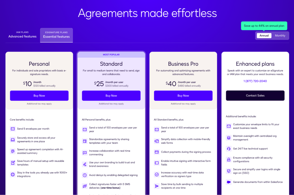 An image depicting the Docusign pricing tiers. All plans and their respective annual price points, including Personal ($10), Standard ($25), Business Pro ($40), and Enhanced plans (custom pricing).