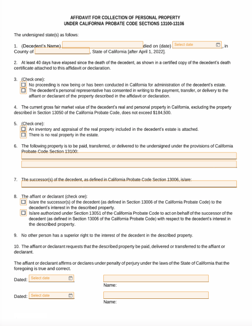 Small Estate Affidavit California (CA) Form