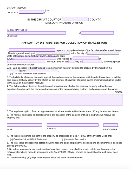 Free Small Estate Affidavit Missouri Form Notarize Online