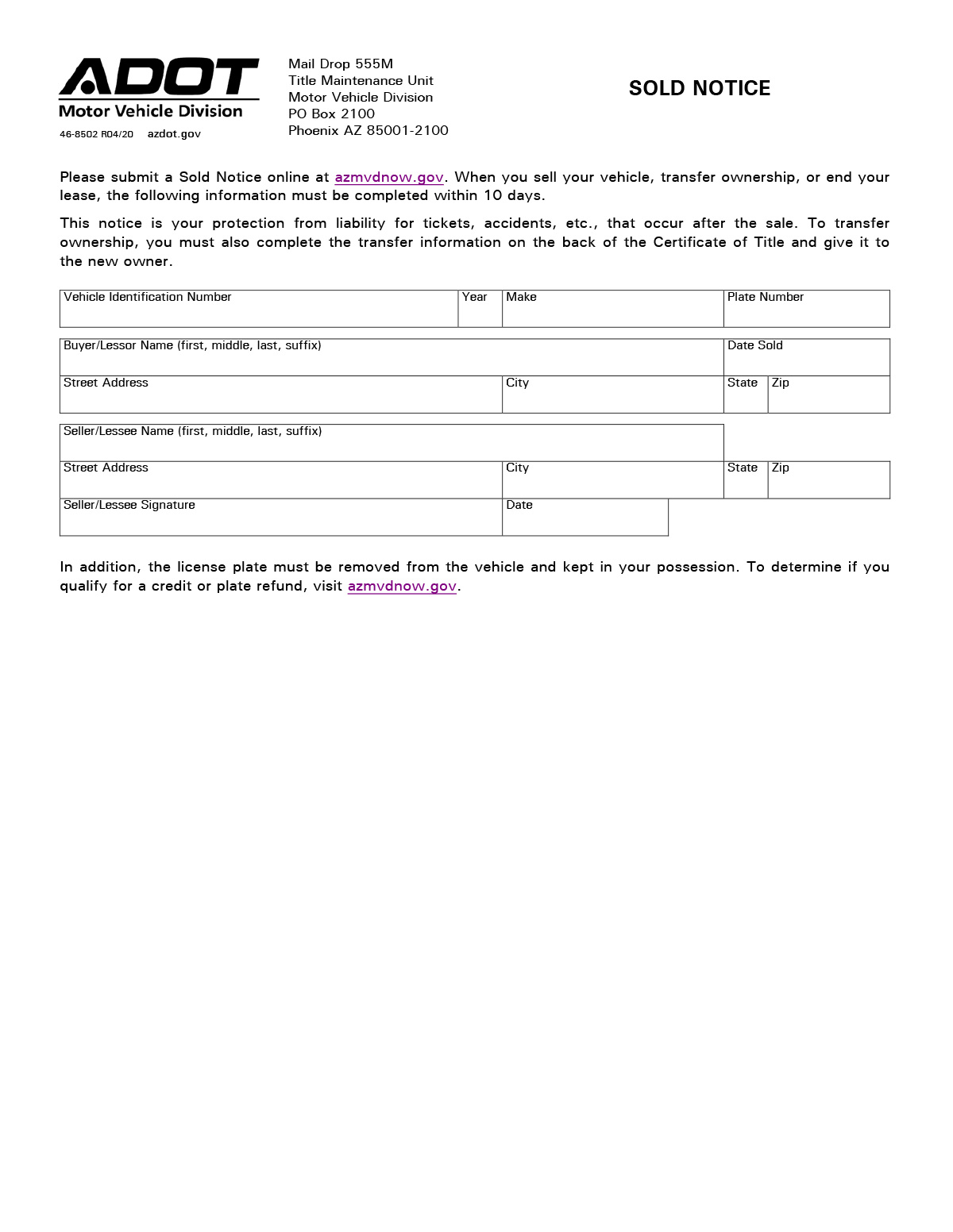 Arizona Bill of Sale Forms and Requirements for Registration