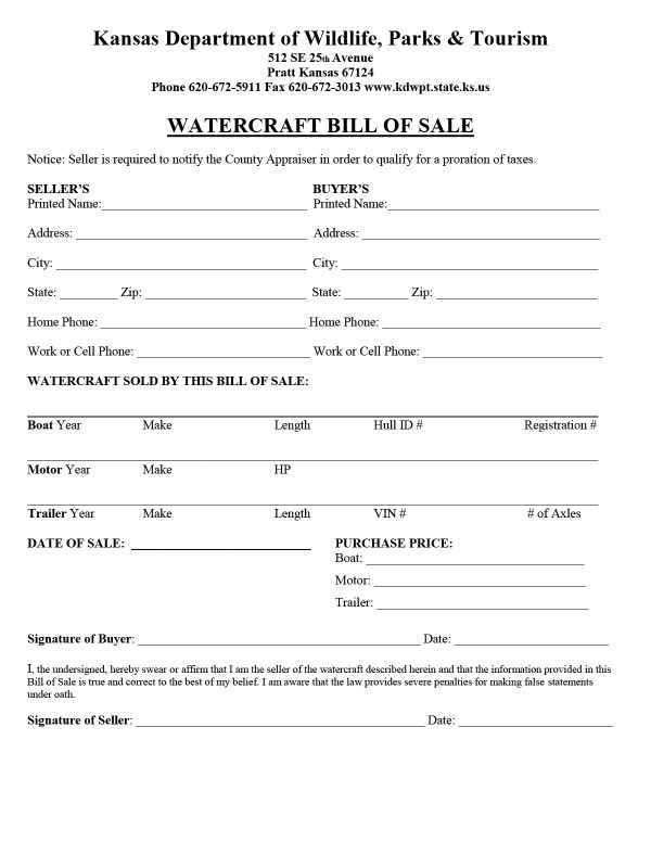 Standard watercraft bill of sale form Kansas PandaDoc