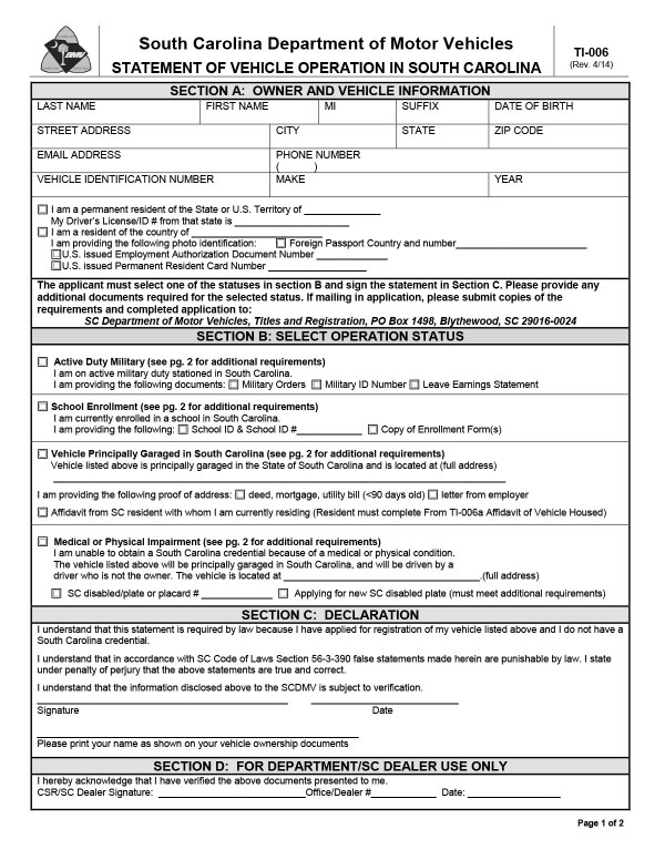 Statement of Vehicle Operation (SCDMV Form TI-006) South Carolina PandaDoc