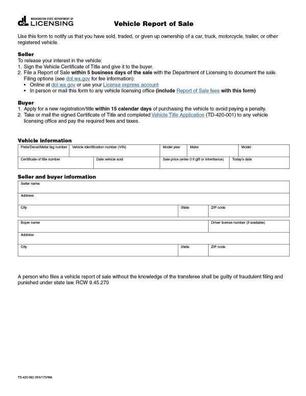 Washington Bill of Sale Form Templates Free Samples for Cars