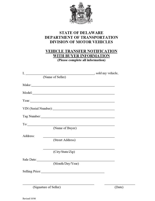 Vehicle transfer notification with buyer information Delaware PandaDoc