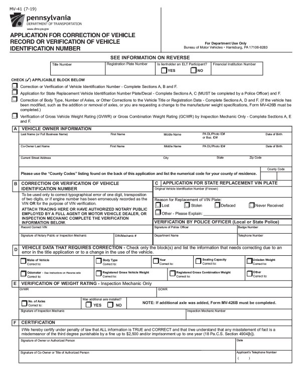 Verification of vehicle identification number (Form MV-41) Pennsylvania PandaDoc